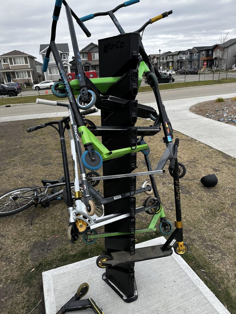Scooter rack full of scooters to promote active school travel