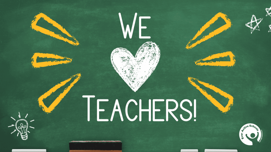A chalkboard background with various chalk drawings with centered text that reads "We heart teachers!" to celebrate the Educator advisory council