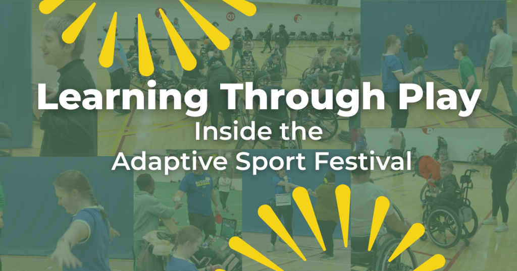 A title graphic featuring a collage of photos from an adaptive sport festival in a gymnasium. The images show participants of varying ages and abilities taking part in inclusive activities, including wheelchair sports, ball games, and partner exercises with volunteers and instructors. A green overlay unifies the collage, with bold white text reading, "Learning Through Play" and smaller text below reading, "Inside the Adaptive Sport Festival." Yellow sunburst-style graphic accents appear in the top left and bottom right corners, adding energy to the design.